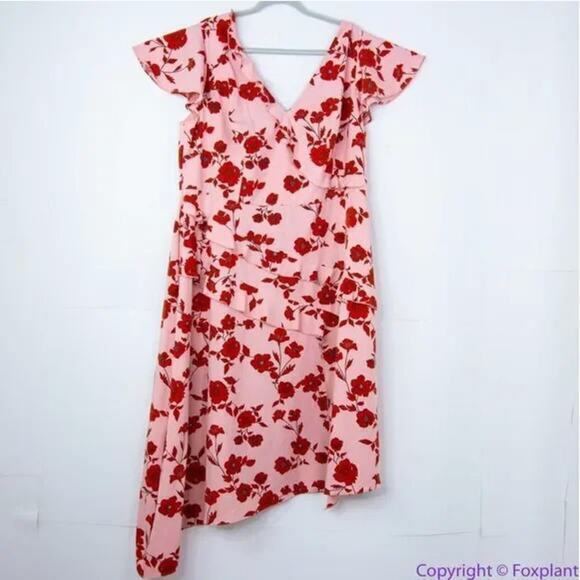 Adrianna Papell warm pink red floral print high low flutter sleeve dress size 14 - Picture 4 of 16